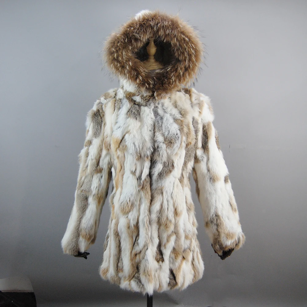 Dame hiver à capuche réel manteau de fourrure naturel chaud veste de fourrure de lapin avec col de fourrure de raton laveur femmes 100% véritable fourrure de lapin vêtements d'extérieur