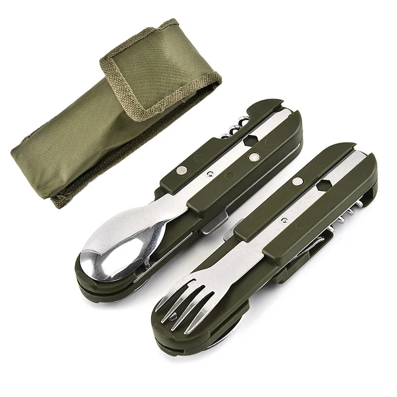 Army Green Folding Portable Stainless Steel Camping Picnic Cutlery Knife Fork Spoon Bottle Opener Flatware Tableware Travel Kit