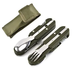 Cuchillo plegable de acero inoxidable para acampar, cuchillo, tenedor, cuchara, abrebotellas, vajilla, Kit de viaje