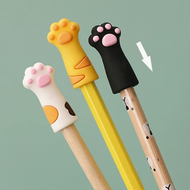 3 peças bonito gato pata lápis desenhos animados lápis anti-mastigar silicone lápis boné para criança classe