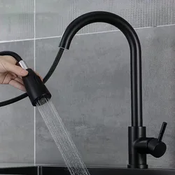 Grifo extraíble para lavabo de baño, grifería de acero inoxidable para fregadero de cocina, mezclador de agua caliente y fría, cepillado/negro