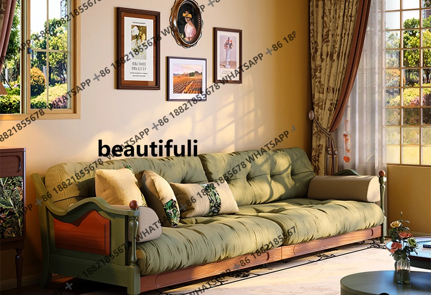

Solid wood fabric sofa French vintage style small living room corduroy three-seater sofa