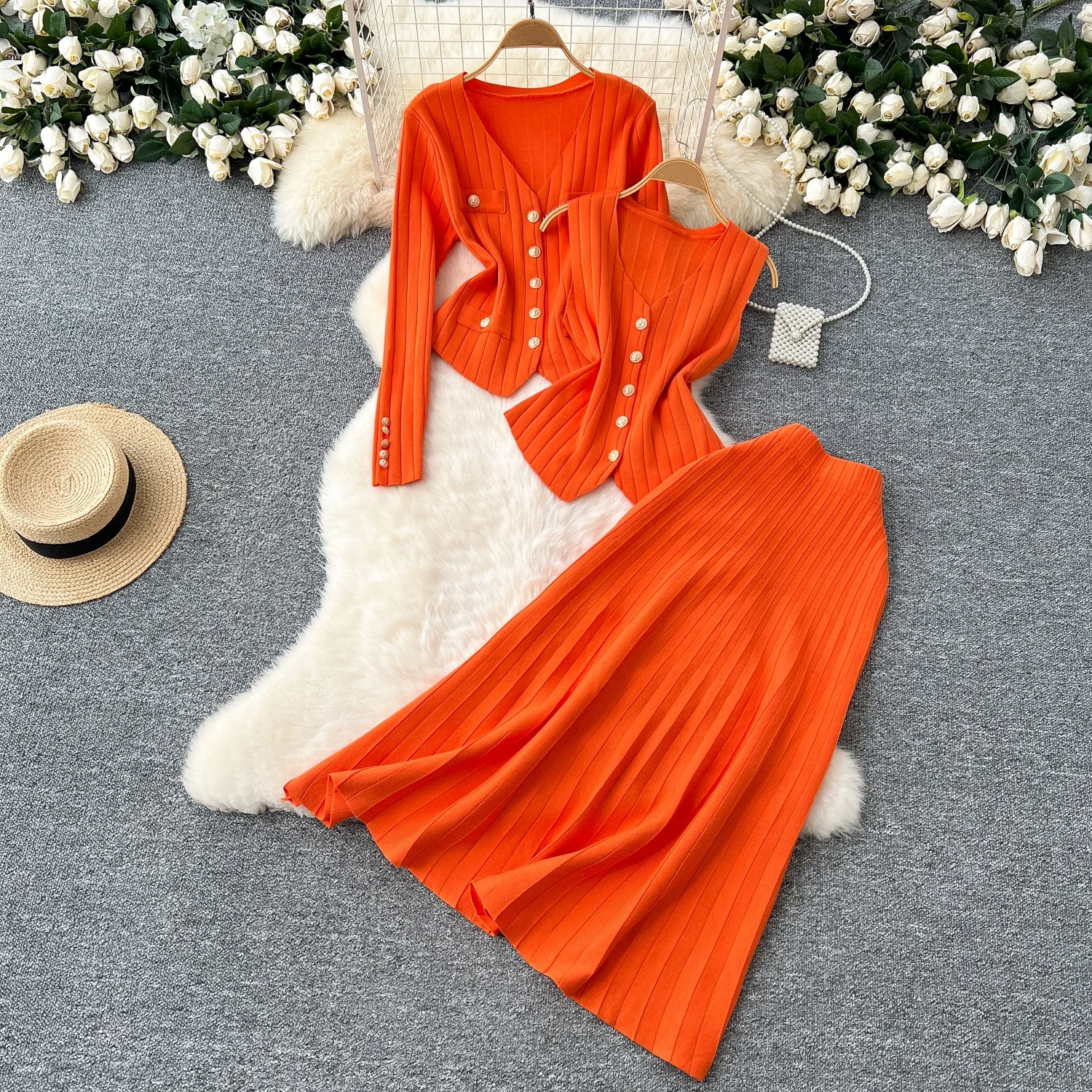 

Clothland Women Chic Knitting Three Piece Set Button Vest Long Sleeve Cardigan Coat Pleated Skirt Autumn Female Suits TA704