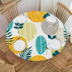 Classic Leaves Print Tableclothes Waterproof Wipeable for Round Table Fitted Elastic Edge Cover Table Wedding Party Home Kitchen