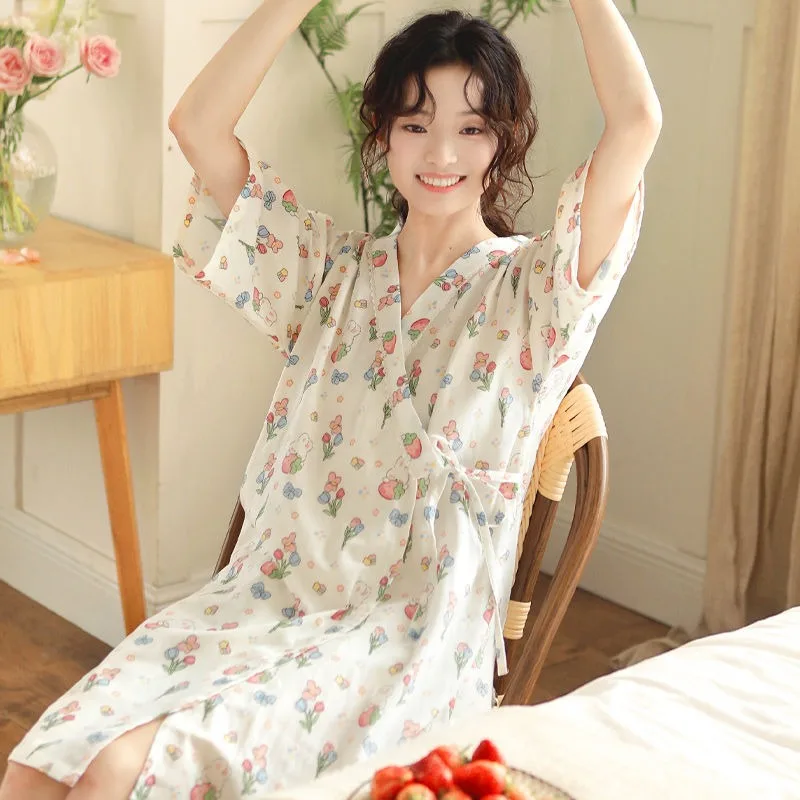 Japanese Pajamas Thin Skirts with Straps Bathrobes Sleepwear Women\'s Summer Homewear Summer Bathrobes Short Sleeves Loungewear