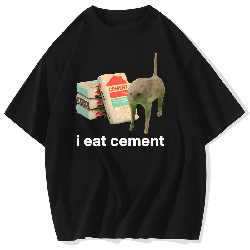 I Eat Cement Cursed Cat Funny Meme T Shirt Men Women\'s Fashion Humor Oversized T Shirts Male High Quality Cotton T-shirt Tops