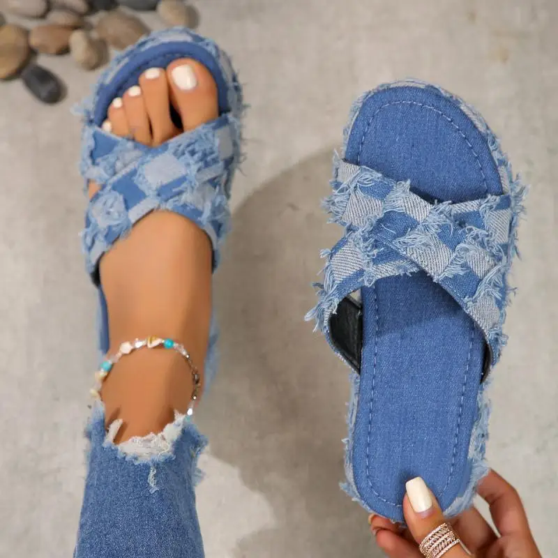 Donna Denim Slides sandali estivi donna Slip on zeppe piattaforma Casual Open Toe moda Jeans pantofole di tela scarpe per il tempo libero 21