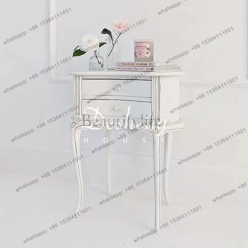 French solid wood bedside table European hand-carved retro ivory white bedroom bedside table