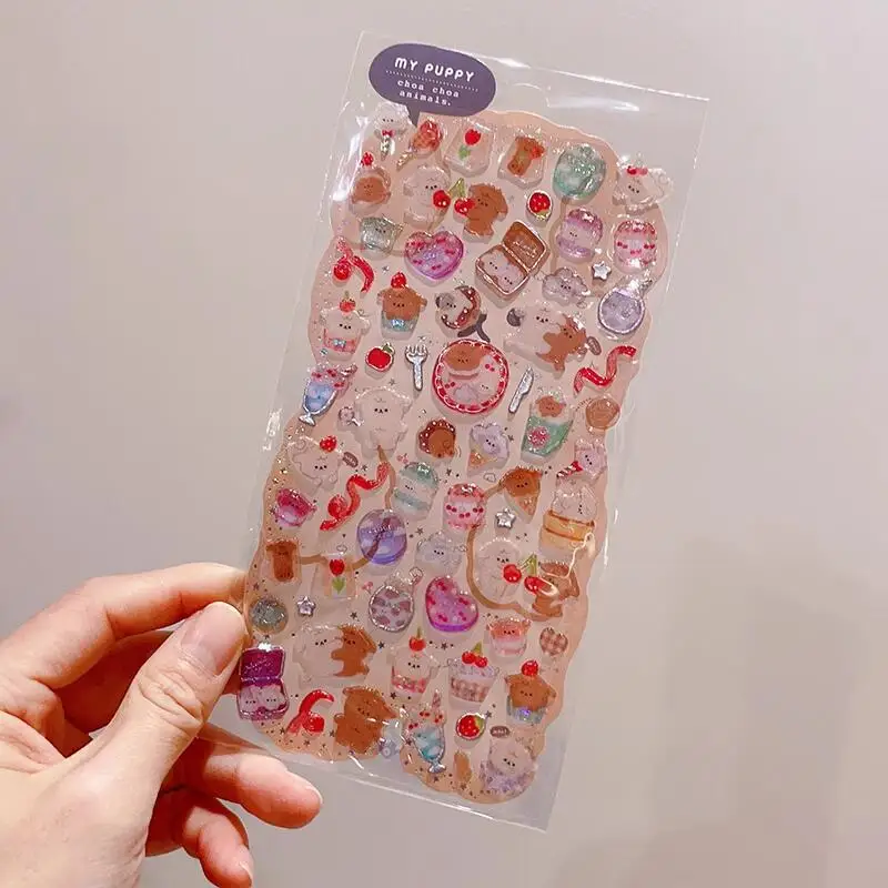 Kawaii Glittering Puppy Rabbit Bear Cat 3D Stickers Scrapbooking Diy Journal Cute Sticker Sheet Stationery Decor Aesthetic Gift