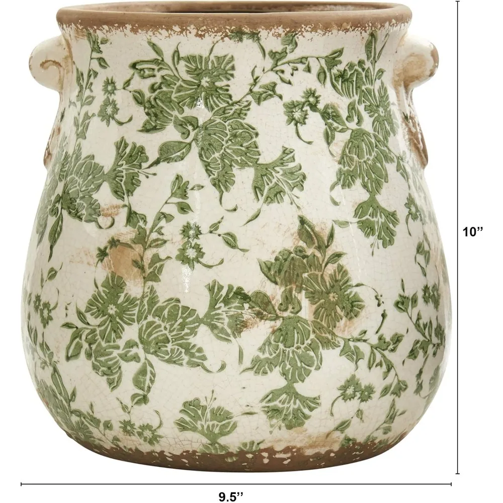 10 inci. Vas Dekoratif Keramik Tuscan Hijau dengan Motif Gulungan untuk Dekorasi Dalam Ruangan