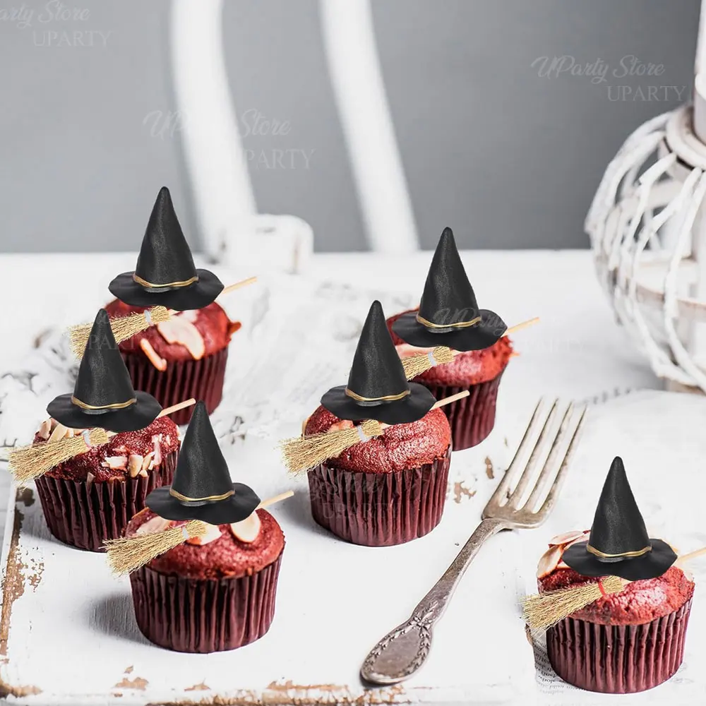 12 Stück Halloween Hexenhut Cupcake Topper Harz Hexenhüte Besen Kuchen Topper für Zauberer Geburtstag Happy Halloween Kuchen Dekor Favo – Detail 5