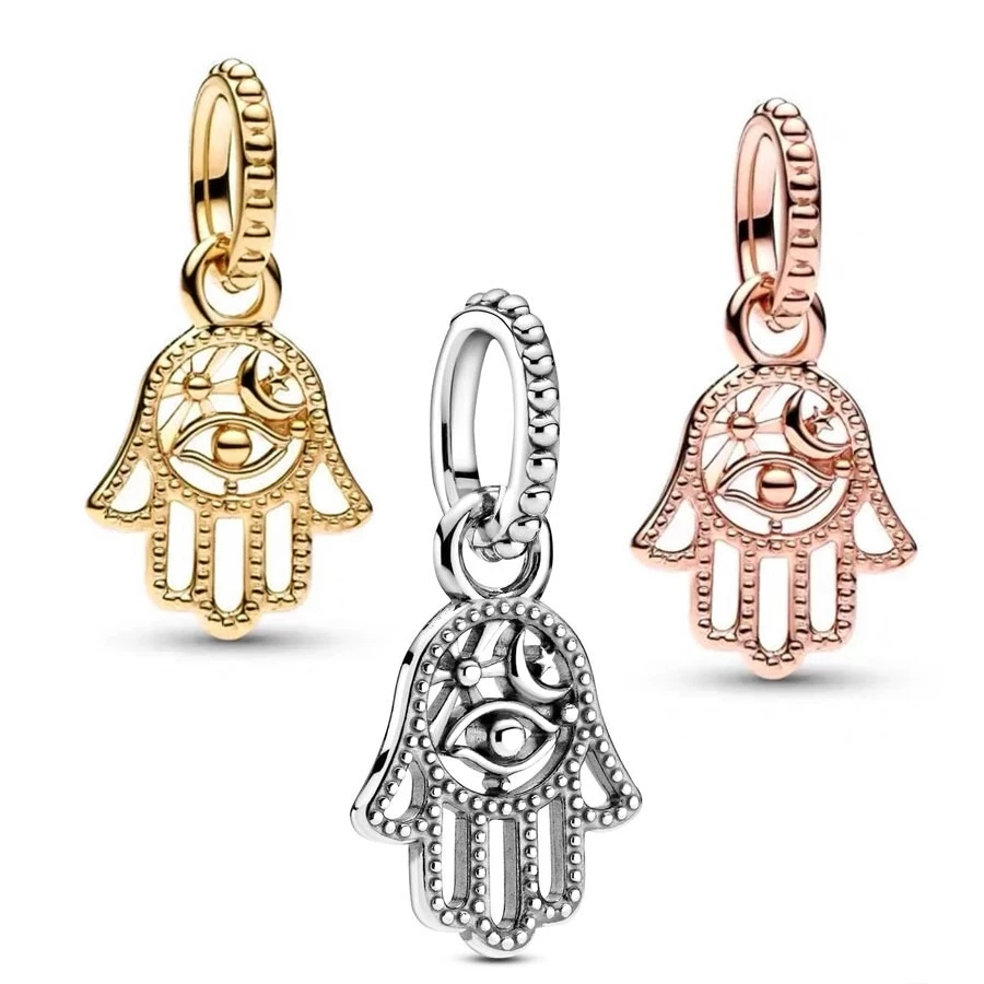 New Arrivals Rose gold & Gold plated Protective Hamsa Hand Dangle Charm Bead Jewelry Fit Original European Silver 925 Bracelet