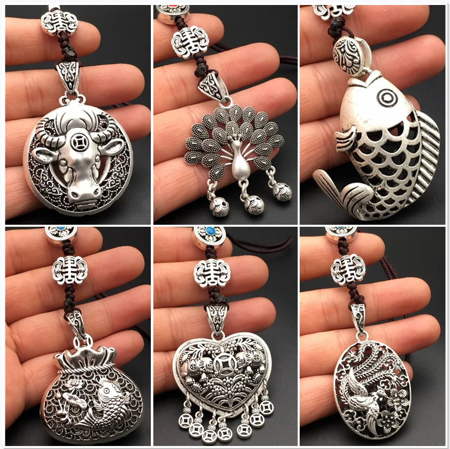 2023 New style pendant silver peacock, fish, vajra pestle, pendant bracelet necklace DIY Chinese style Tibetan silver jewelry
