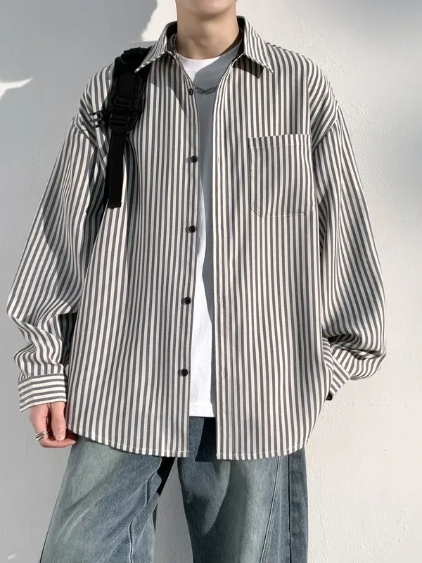 

American Retro Striped Casual Long Sleeve Shirt Men's Spring 2026 New Trendy Brand College Style Turn Collar Dress Shirt