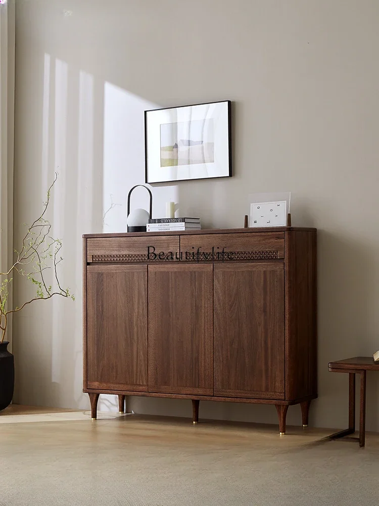 

FG40Solid Wood Shoe Cabinet Home Large Capacity Storage Entrance Cabinet Nordic Cream Style Walnut Shoe Rack