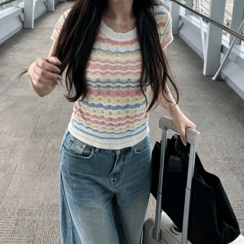Summer Thin Casual Hollow Short Sleeve round Neck Knitted Sweater Lace Trim Rainbow Stripes Floral Print Versatile Lightweigh...