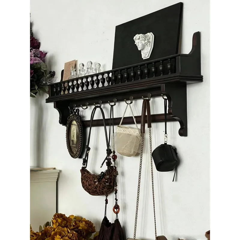 French retro solid wood hanger, wall hanging bag hanger on the wall of the entrance, clothes and hats storage rack 4