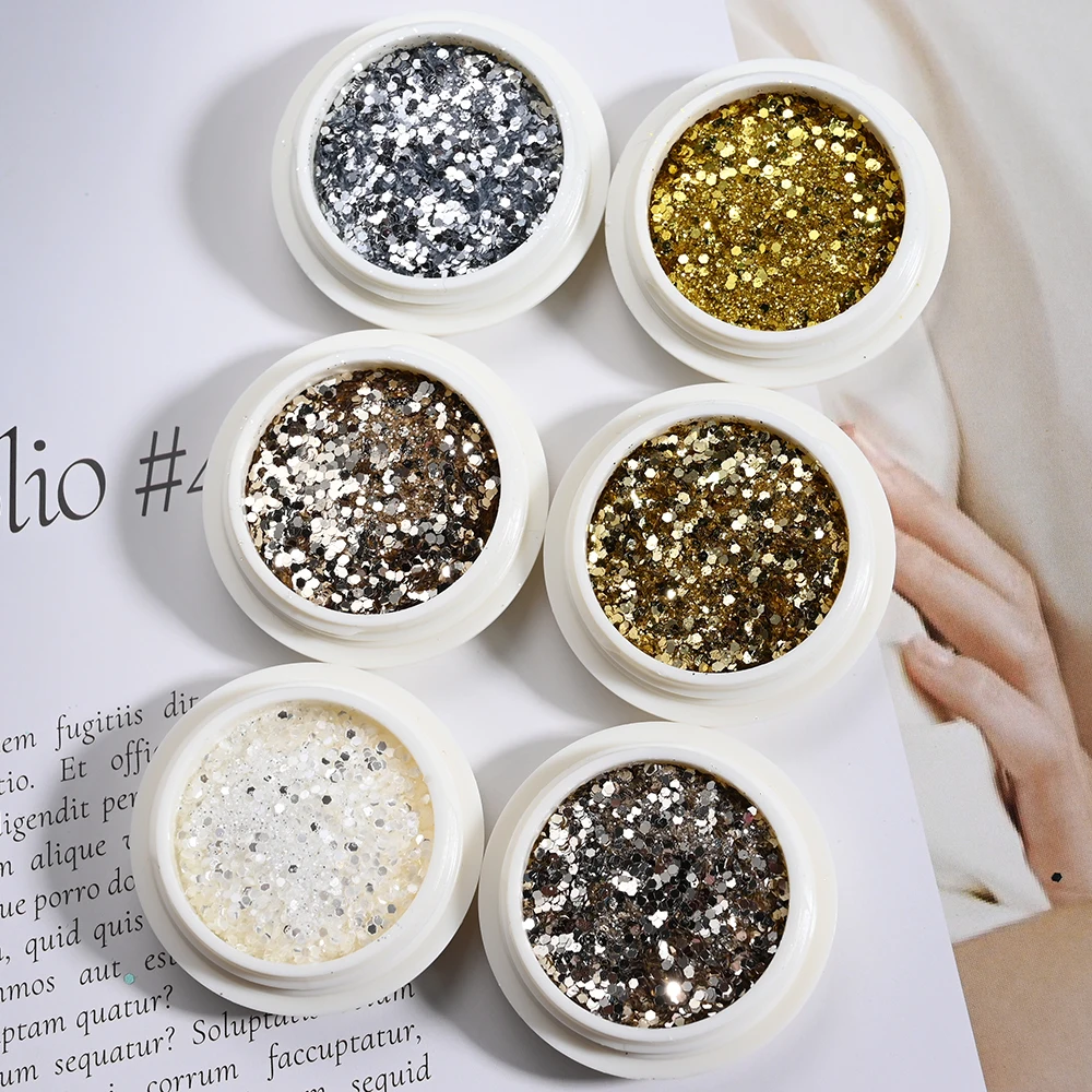 6Jars Laser Gold&Silver Nail Glitter Sequins Pigment Holographic Chrome Rubbing Dust Mixed Hexagon DIYManicure Decoration Flakes