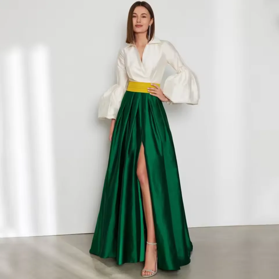 Customized Multi Color A-Line Elegant Evening Dress V Neck High Slit Long Sleeves Mother of the Bride Dress Formal Party Gowns