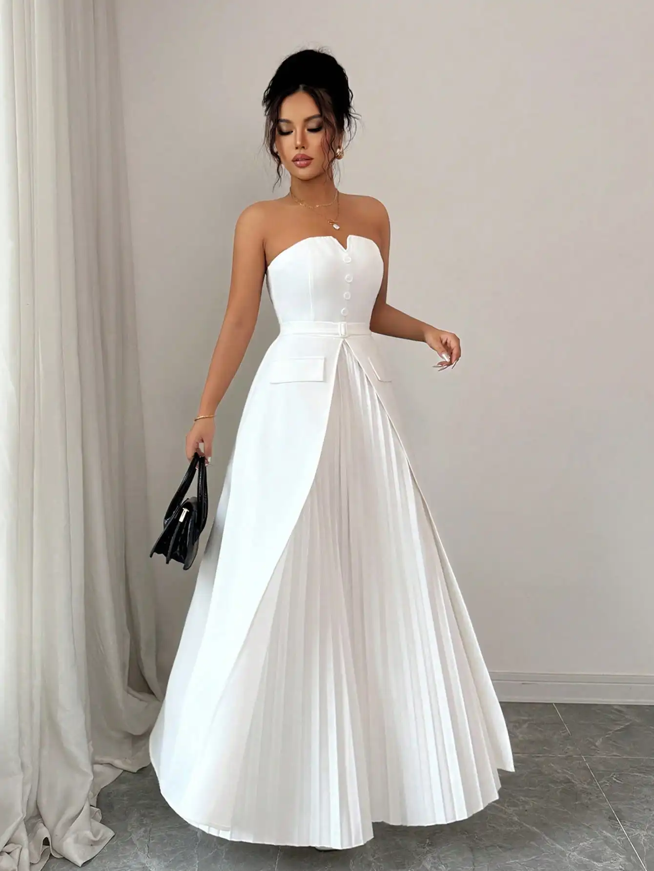 Pleated white maxi dress-AliExpress
