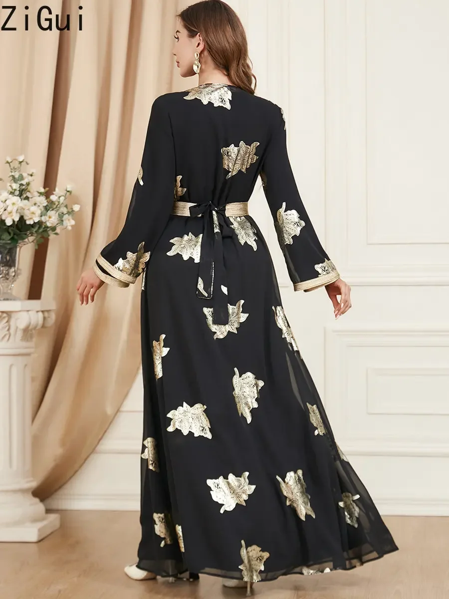 Night Dress Long Sleeve V Neck 2Pcs Suit Robe Belt Black Chiffon Gold Bronzing Luxury Dubai Evening Dress