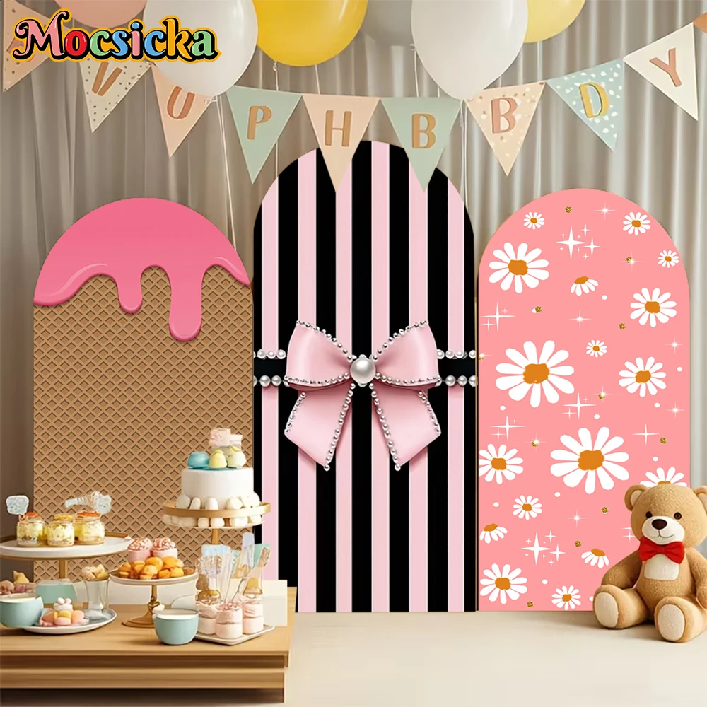 

Mocsicka Arch Backdrop Baby Shower Girl Birthday Adult Wedding Photo Arched Background Covers Pink Bow Flower Decor Studio Props