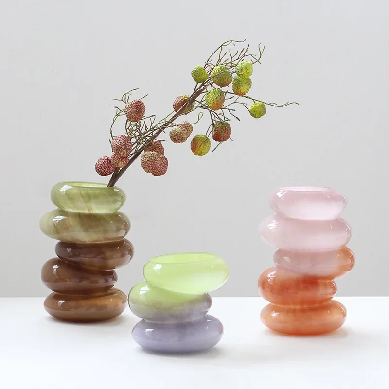 Glass Vase Geometric Pebble Stack Color Gradient Flower Vase Caterpillar Floral Arrangement Home Decoration Accessories