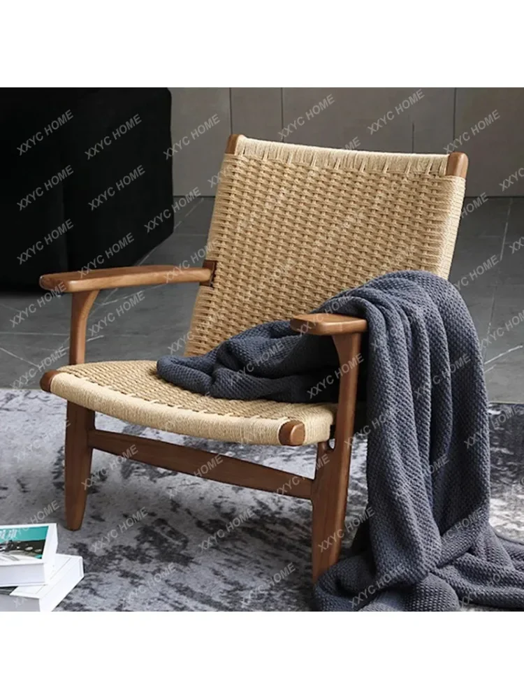 Solid Wood Balcony Reading Book Leisure Chair Reading Single Sofa Living Room Chair Rope Woven Lazy Household Armchair