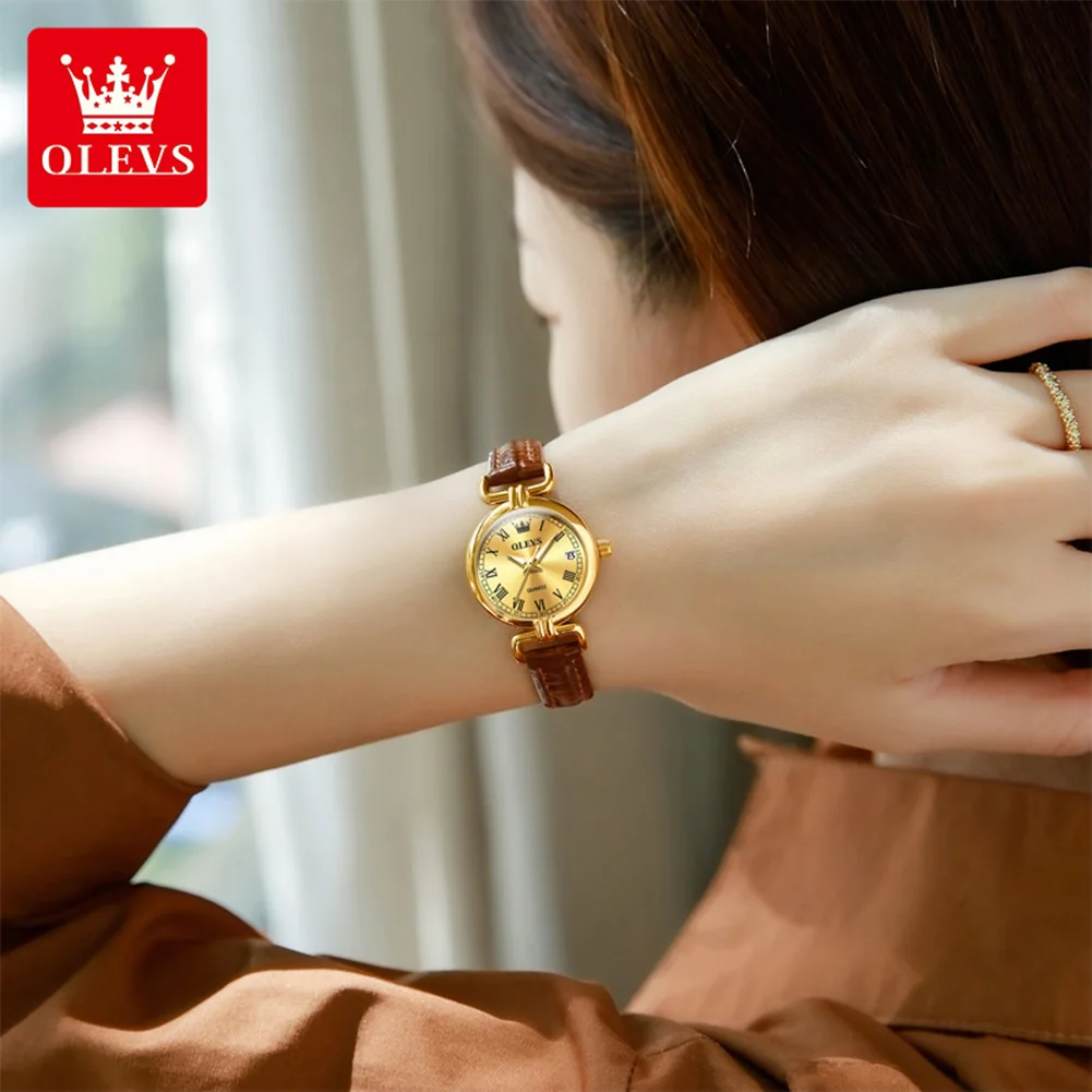OLEVS 5645 Women Watch Quartz Movement Fashion Watch Gift Round-dial Leather Watchband Wristwatch Calendar Window Luminous Watch image 3