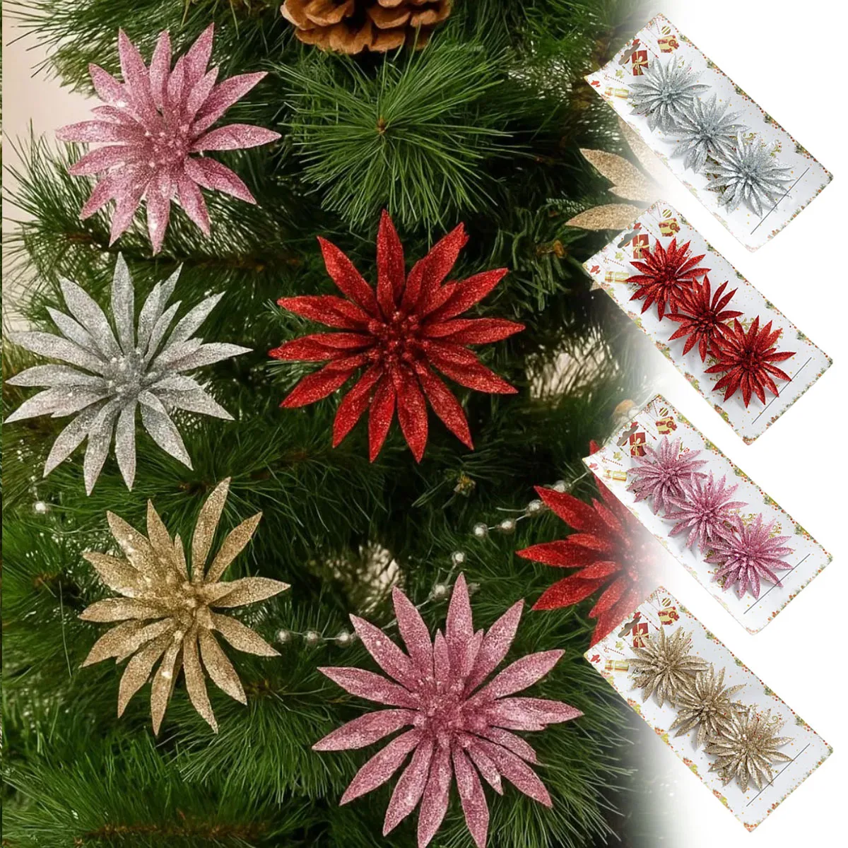 

3/6/9/12PCS Christmas Tree Decoration Plastic Flower Glitter Simulation Flowers Fake Flowers Christmas Atmosphere Decoration New