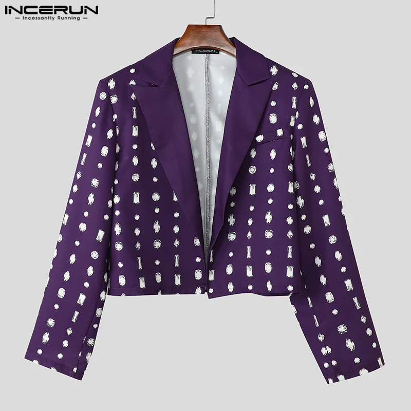 INCERUN Men Lapel Neck Suit Long Sleeve Open Front Diamond Printed Stylish Loose Blazer Commuting Party Cropped Jacket Coat 2024