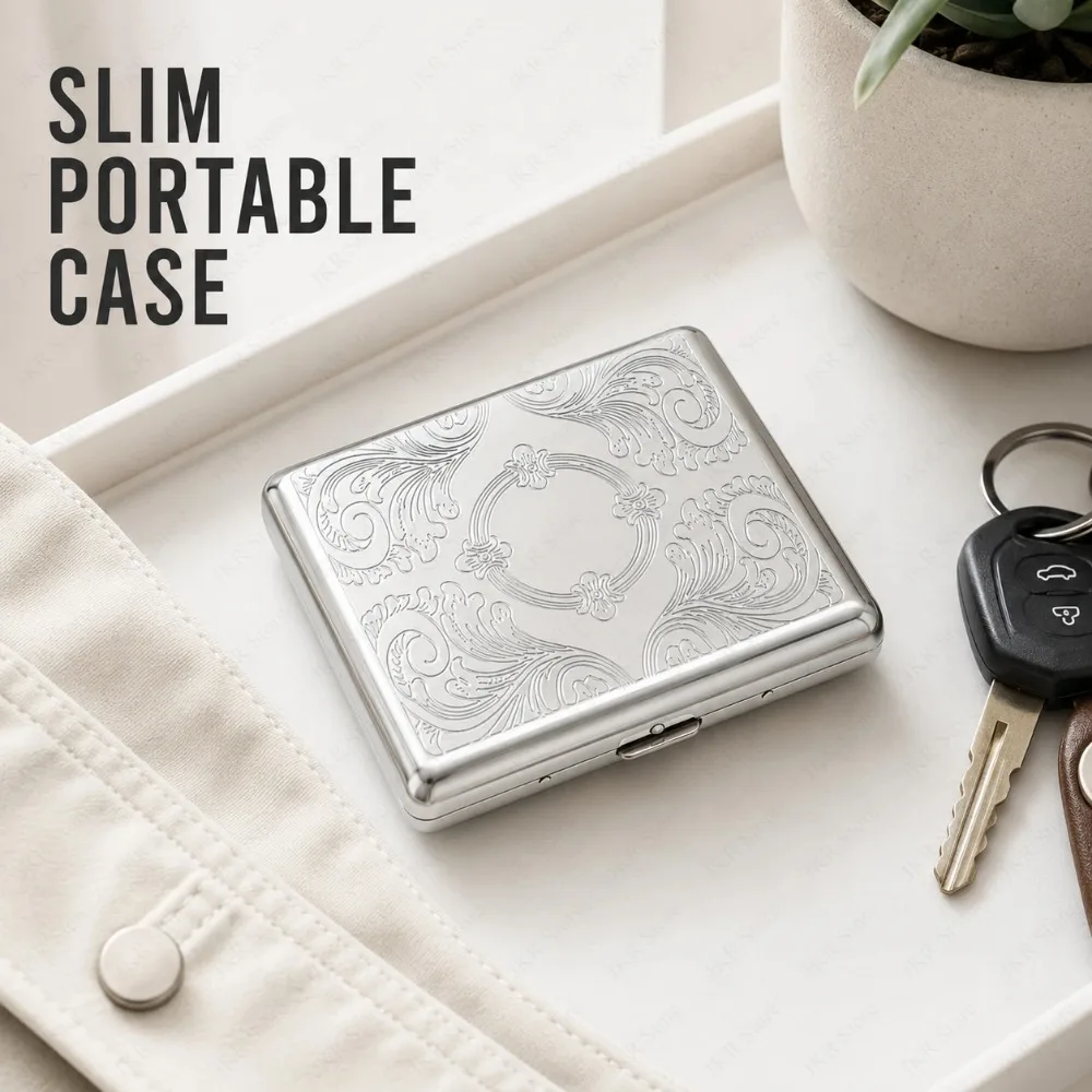 1 PC Stainless Steel Tobacco Cigarette Case Embossed Metal Pocket Storage Box Portable Holder for Travel Outdoor Smoking Use view 5
