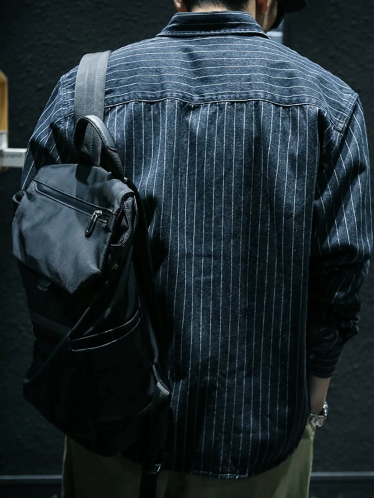 American Style Heavyweight Striped Denim Shirt Men's Long Sleeve Loose Workwear Shirt Spring Autumn Outerwear for Men