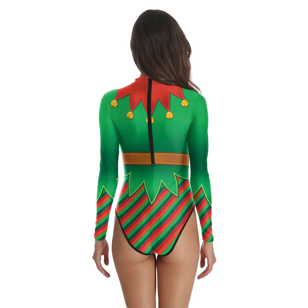 Women Christmas Costumes Long Sleeve Jumpsuit Cosplay Role-Playing Party Outfits Elf Prited Sexy Bodysuit Zentai Fancy Dress