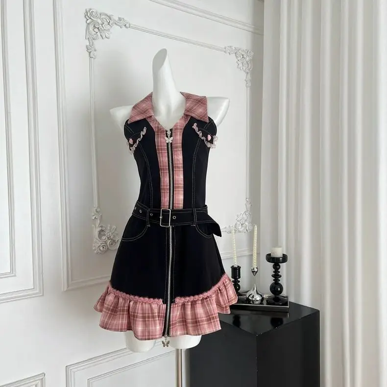 ร้อนหวาน DENIM กระโปรง Slim Goth ชุดสตรี Y2k แขนกุด Punk VINTAGE Harajuku เกาหลีลาย 2000s Camis Grunge Emo แฟชั่น