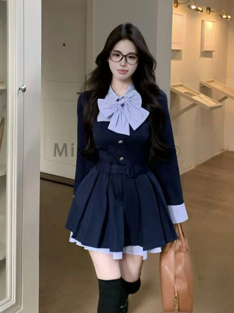 Preppy Style Sweet New One Piece Dress Women Autumn Winter Korea Chic Bow Mini Dresses Casual Stripe Y2k Patchwork Clothes 2025