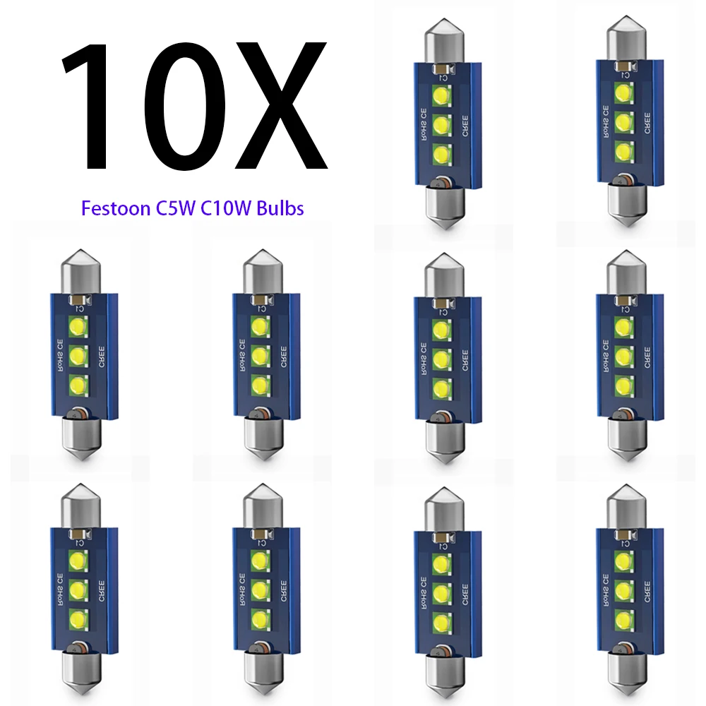 10pcs Canbus LED C5W Interior Light Festoon C10W 31mm 36mm 39mm 41mm For Car Ceiling Bulb License Plate 12V White 6000K No Error