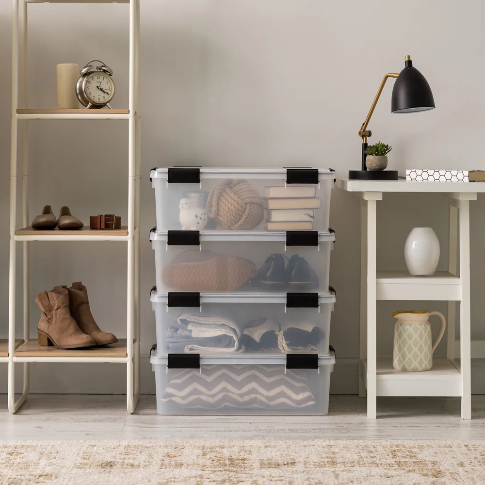 حاوية تخزين شفافة 41.2 لتر مع غطاء إغلاق الختم أبازيم متينة صندوق تراص مقاوم للماء تذكارات بطانيات خزانة