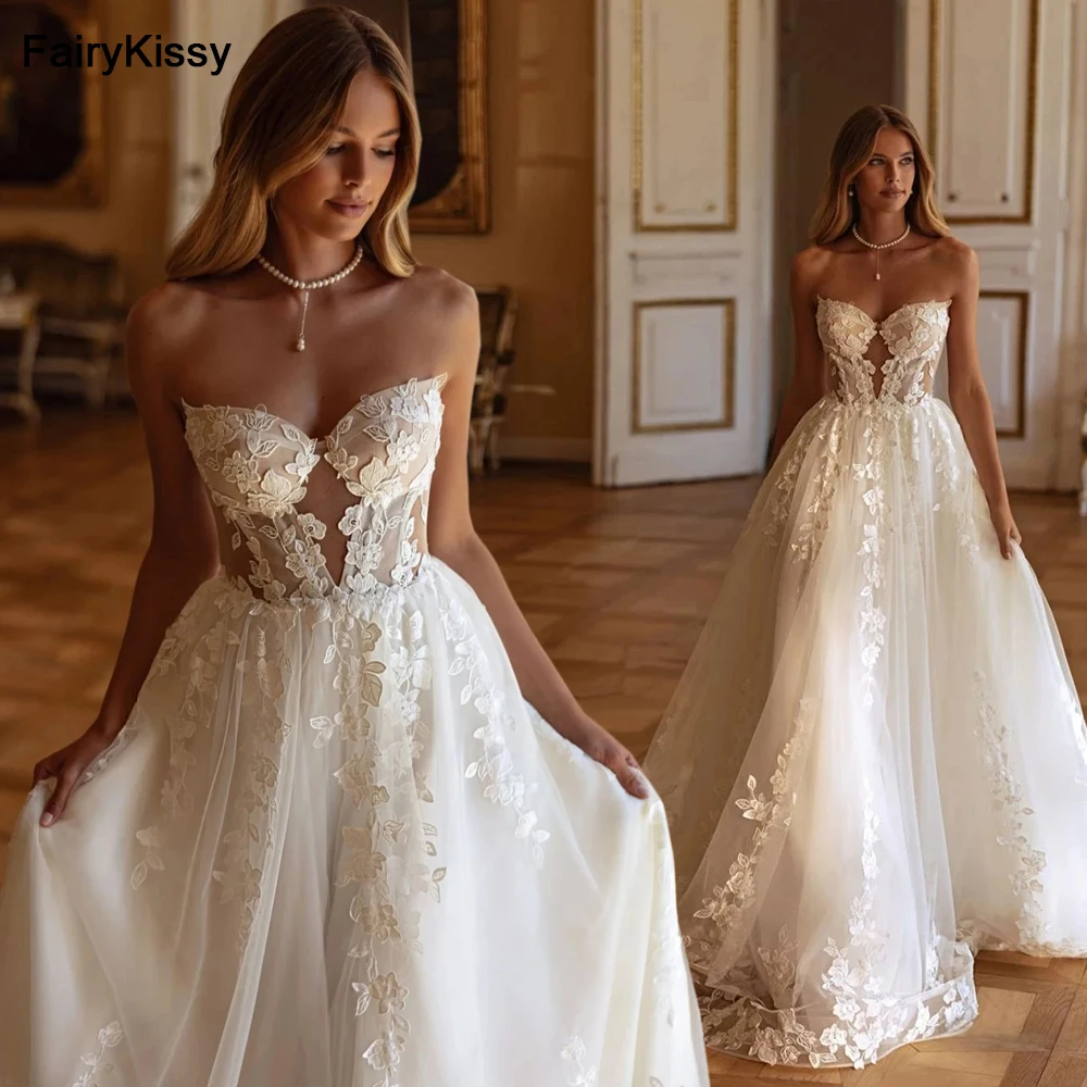 ชุดแต่งงาน FairyKissy รุ่นคลาสสิค ทรงสวีทฮาร์ท เซ็กซี่ แขนกุด เปิดหลัง ประดับลูกไม้ ทรงเอไลน์ ชุดเจ้าสาว Vestidos De Novia