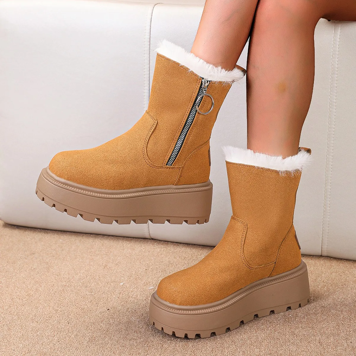 Winter snow boots platform women's ankle boots ladies Flock zipper high qulity Chestnut shoes Plus Fur Warm Ankle Boot Footwear