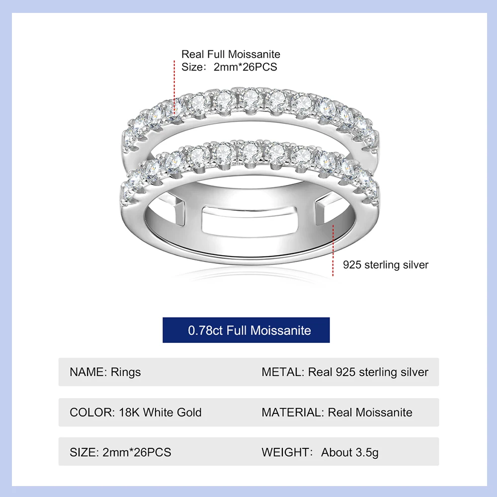 Timerain 2mm Double Row Full Moissanite Rings for Women 925 Sterling Silver 0.78ct H Shaped Diamond Ring Stack Wrap Fine Jewelry