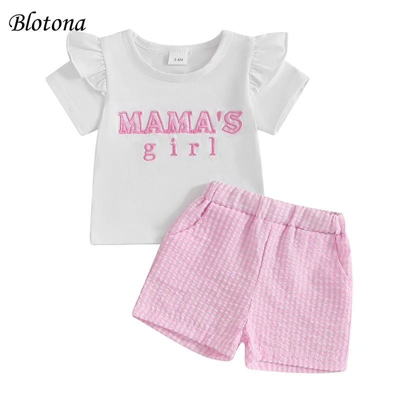 

Blotona Toddler Girl Summer Clothes Set Letter Embroidery Short Sleeve Round Neck T-Shirt with Elastic Waist Plaid Shorts