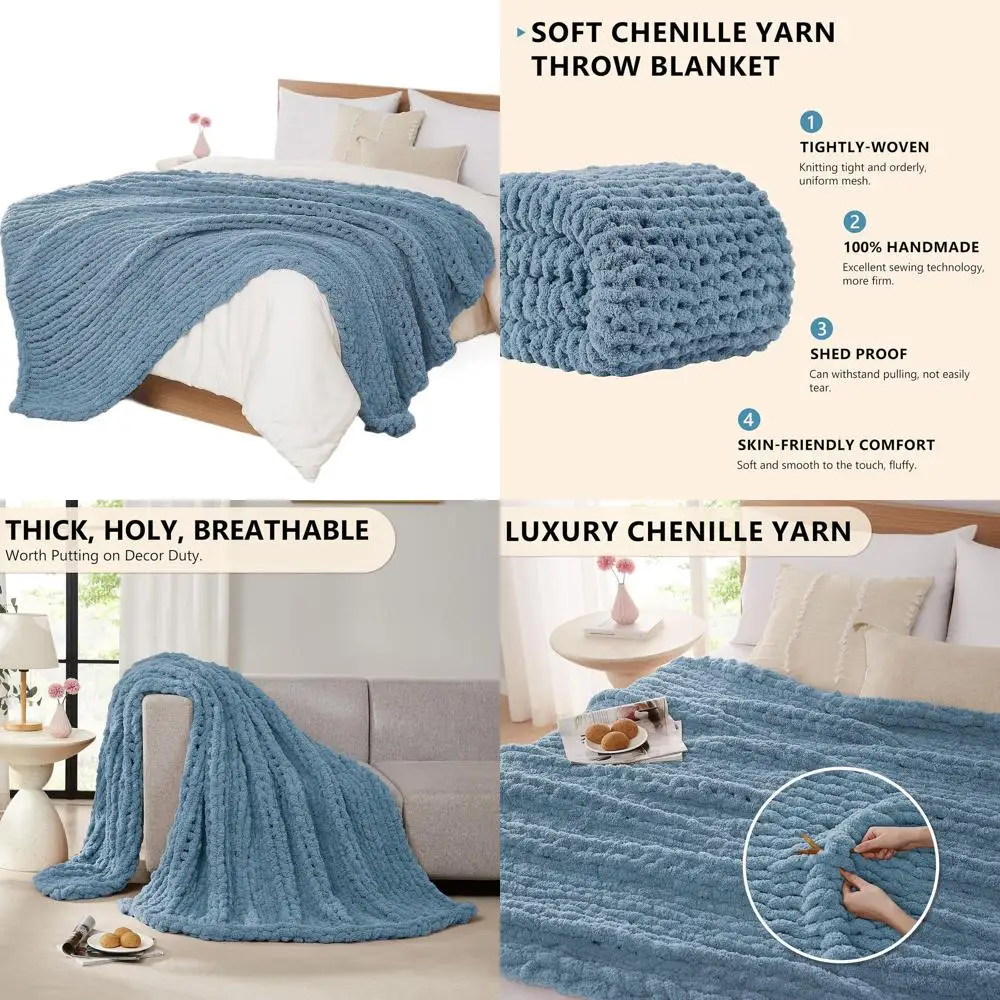 

Handcrafted 50x60 Thick Cable Knit Chenille Throw Blanket in Airy Blue for Bed or Couch