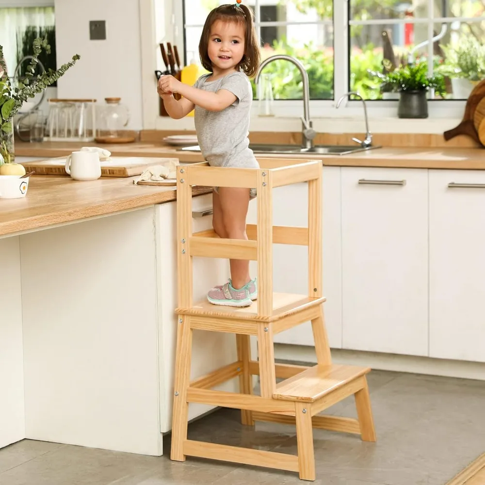 Kids Kitchen Step Stool for Kids with Safety Rail,Solid Wood Construction Toddler Learning Stool