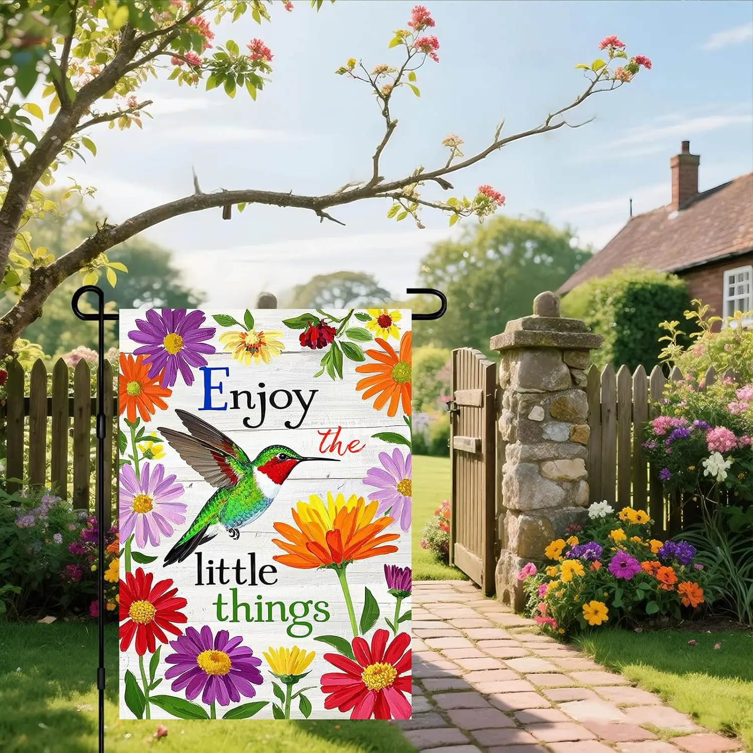 IVN Spring Garden Flag 12x18 Inch Double Sided Hummingbird Flags Colorful Flowers Enjoy the Little Things Outdoor Yard Flag jjp