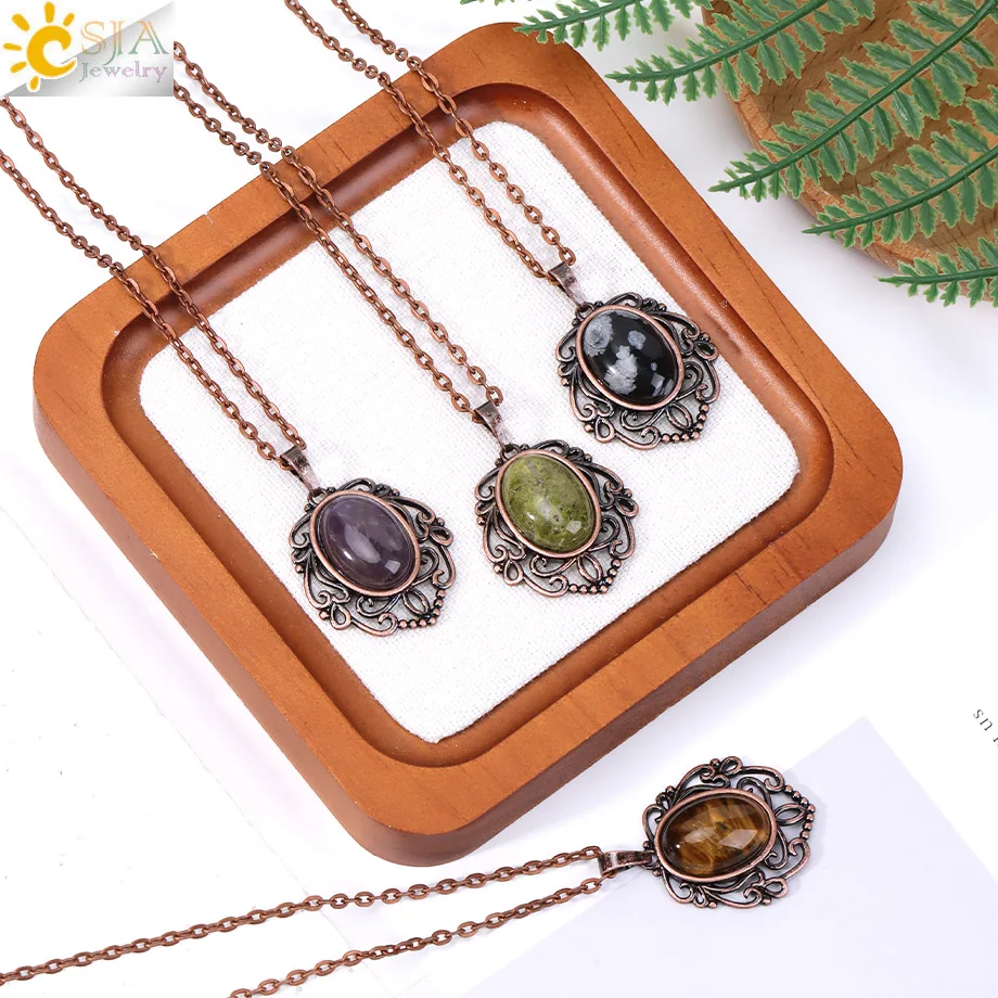 CSJA Vintage Crystal Egg Shape Pendant Necklace Natural Stone Amethyst Tiger Eye Agate for Women Men Jewelry Gift Accessory H834
