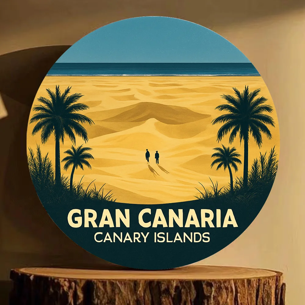 2D Flat Gran Canaria Canary Islands Pattern Metal Sign Round Decorative Painting, Size (7.87 Inches X 7.87 Inches / 20 Cm * 20 C