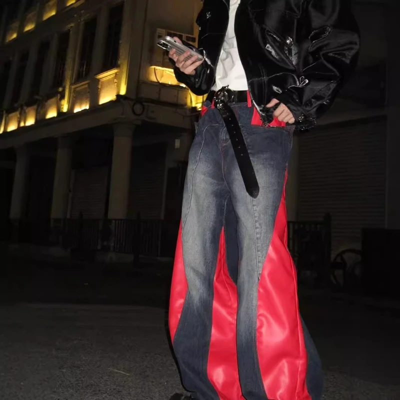 

Мужские джинсы осенне-зимние в стиле ретро с эффектом потертости, с цветными блоками и вставками из искусственной кожи, свободного кроя, повседневные, прямые, длинные брюки