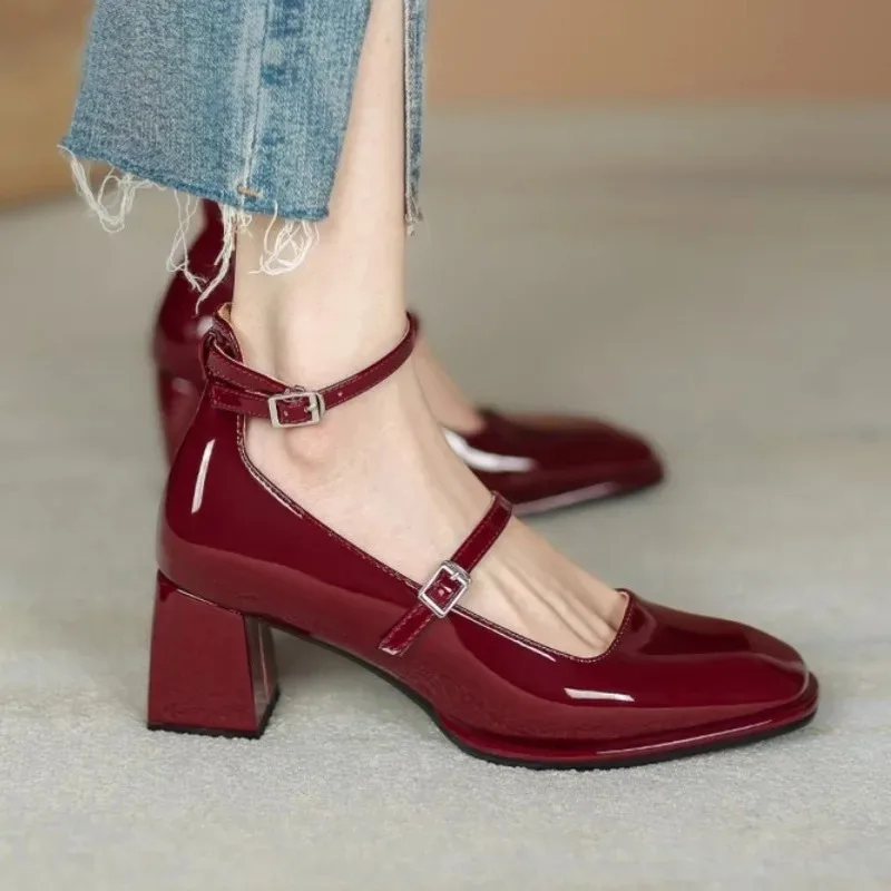 Comemore 2024 Spring Women High Heels Buckle Retro Chunky Heel Patent Leather Shoes Mary Jane Pumps Women\'s Shoe Heeled Sandals