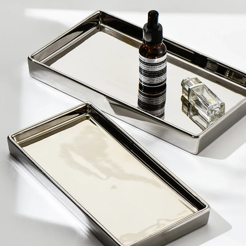 Electroplated Silver Ceramic Tray, Rectangular Jewelry Storage Tray, Living Ornament, Room Home Decor, Affordable Luxury
